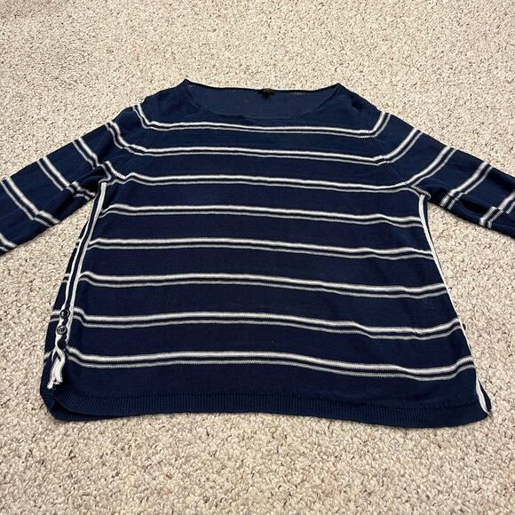 Talbots Boatneck 100% Linen Blouse Sz 3X Navy White Stripe Nautical Button - Picture 1 of 7